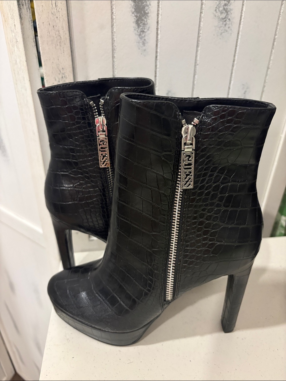GUESS Black Croc-Embossed High Heel Ankle Boots